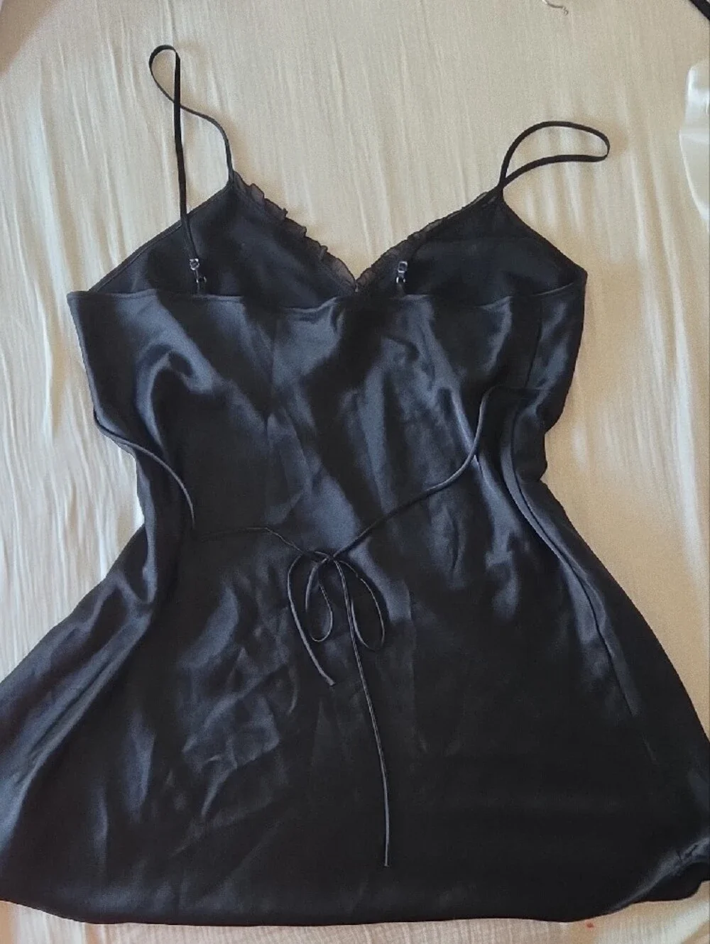 Black Satin Slip with Pink Floral Embroidery